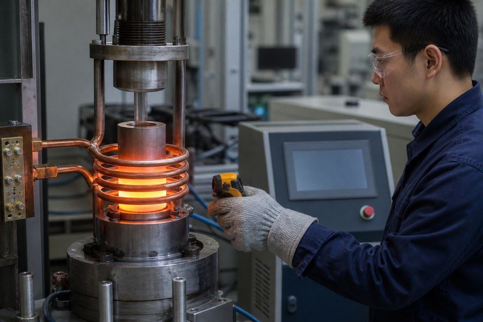 工程師監控感應加熱線圈與金屬工件溫度的情境示意