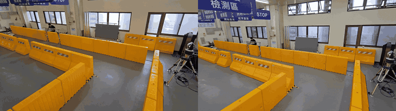 AMR 視角：載空（左）與負載 100 kg（右）行進畫面